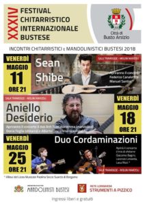 locandina del XXXIV Festival chitarristi internazionale Bustese 2018 che ha visto tra i protagonisti del festival: Sean Shibe, Aniello Desiderio, Duo Cordaminazioni (Luca Fabrizio e Marcello De Carolis)