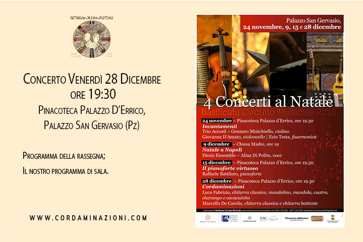 concerto del duo cordaminazioni, composto da luca fabrizio e marcello de carolis, specializzati in chitarra classica, chitarra battente, mandolino, mandola, cuatro, charango e cavaquinho a palazzo san gervasio, provincia di potenza per basilicata circuito musicale