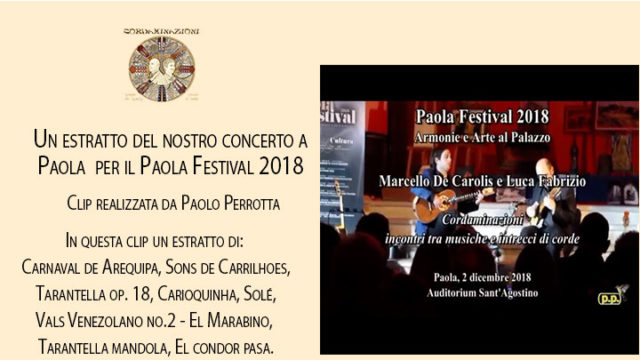 Video del concerto di chitarra battente chitarra classica mandolino mandola cuatro charango e cavaquinho del duo Cordaminazioni per il Paola festival 2018