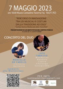 Cordaminazioni concerto di Marcello De Carolis chitarra battente e Luca Fabrizio chitarra classica mandolino mandola quattro charango e cavaquinho a Ruoti in provincia di Potenza